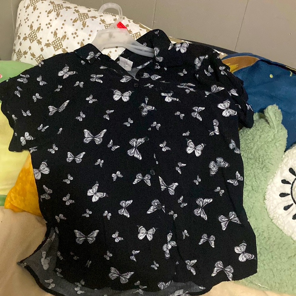 S Butterfly Print Button Up T Shirt